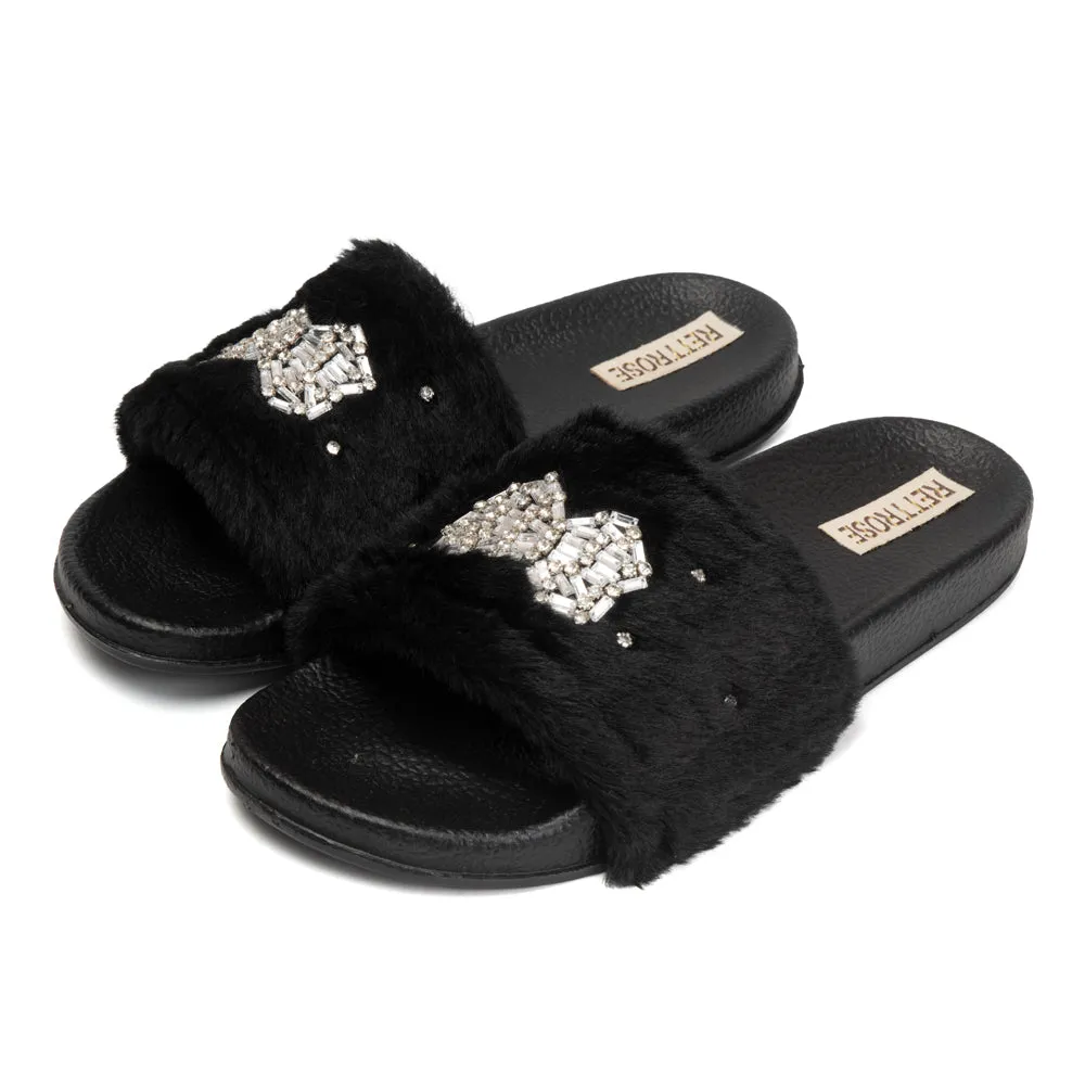 Ava Noir Luxury Plush Diamanté Embellished Handmade Sliders