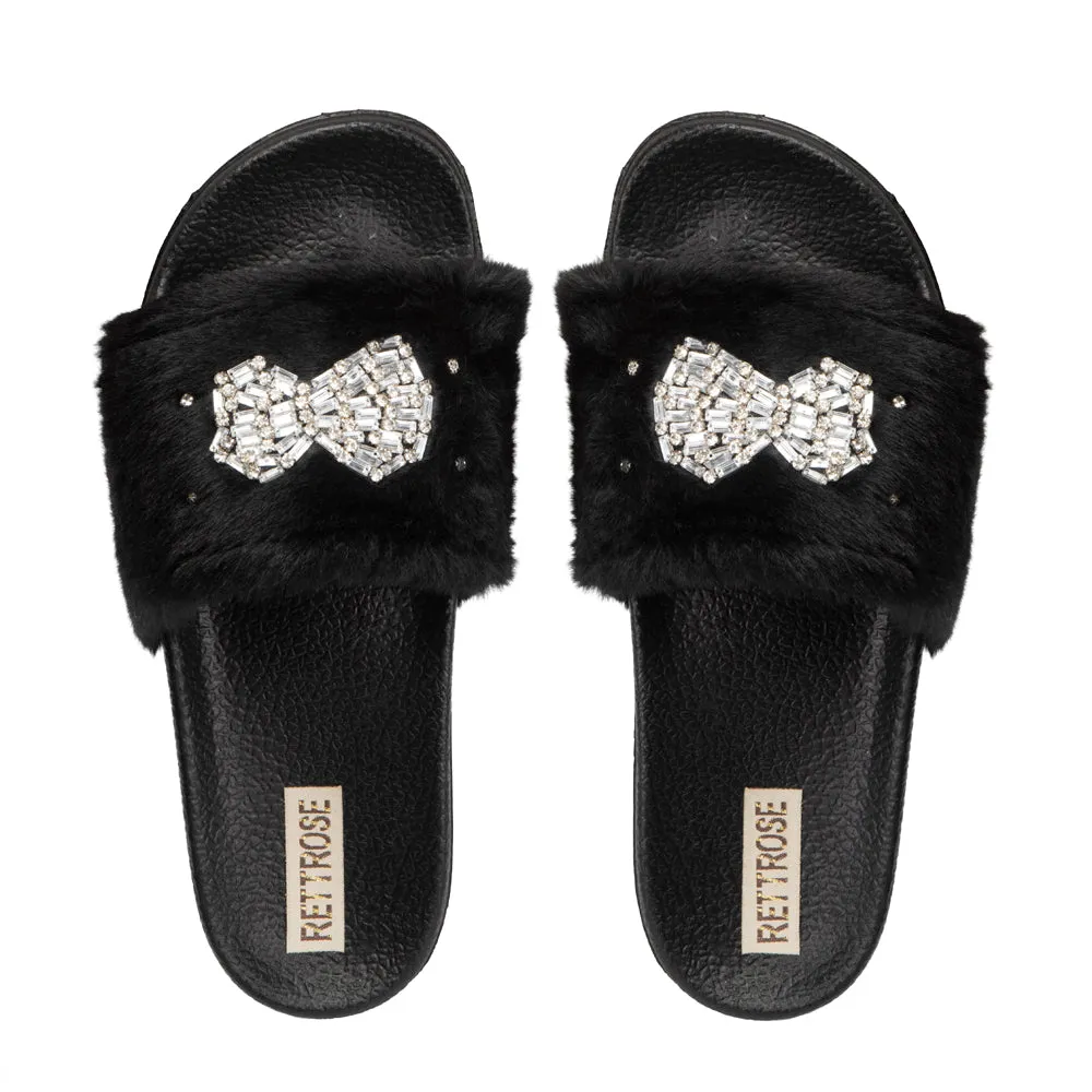 Ava Noir Luxury Plush Diamanté Embellished Handmade Sliders