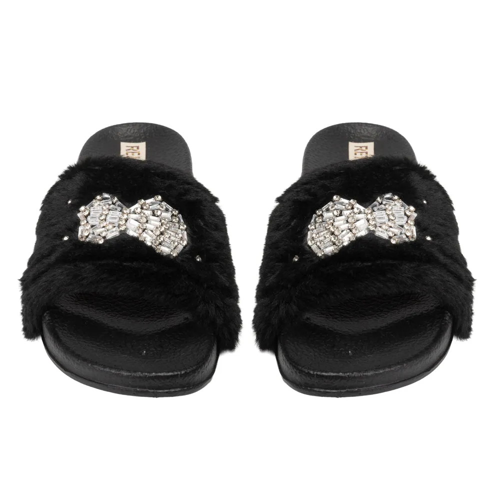 Ava Noir Luxury Plush Diamanté Embellished Handmade Sliders