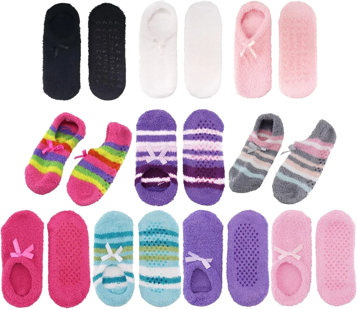 BambooMN Women's Soft Breathable Fuzzy Cozy Footies Travel Home Socks with Non-Skid Bottom
