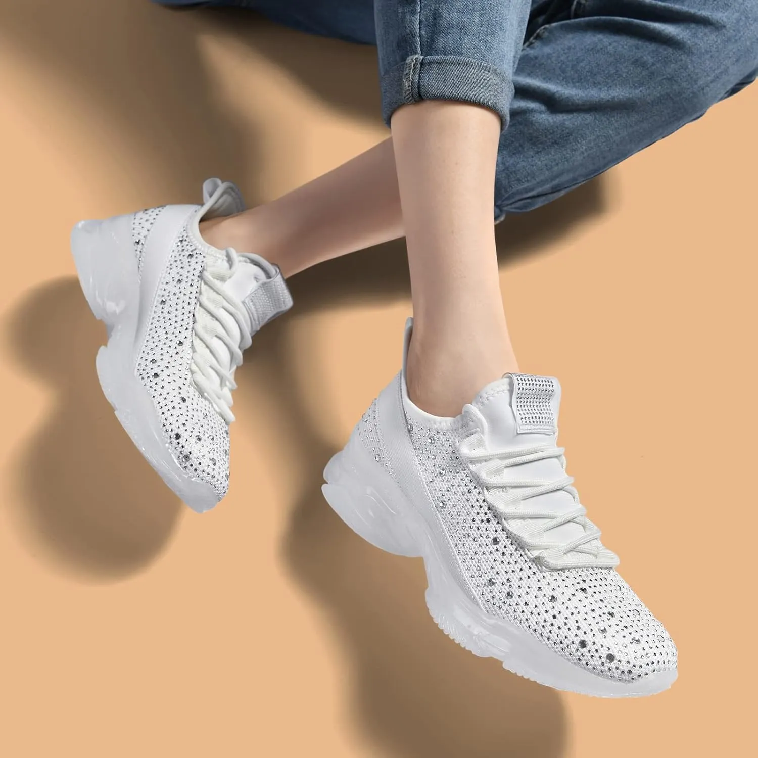 BELOS Women's Rhinestone Mesh Slip On Walking Shoes Fashion Breathable Spakle Glitter Sneaker
