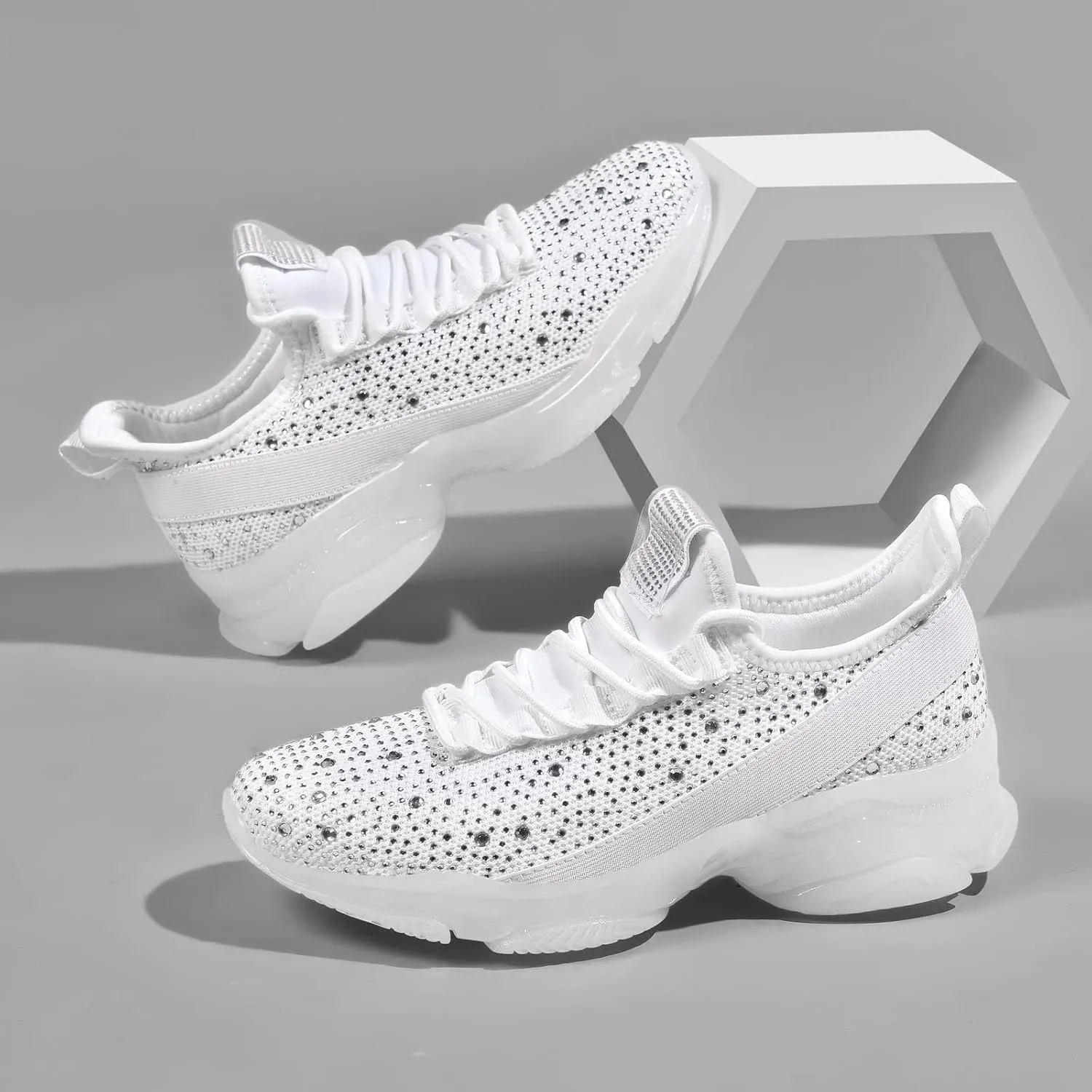 BELOS Women's Rhinestone Mesh Slip On Walking Shoes Fashion Breathable Spakle Glitter Sneaker