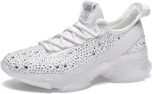 BELOS Women's Rhinestone Mesh Slip On Walking Shoes Fashion Breathable Spakle Glitter Sneaker
