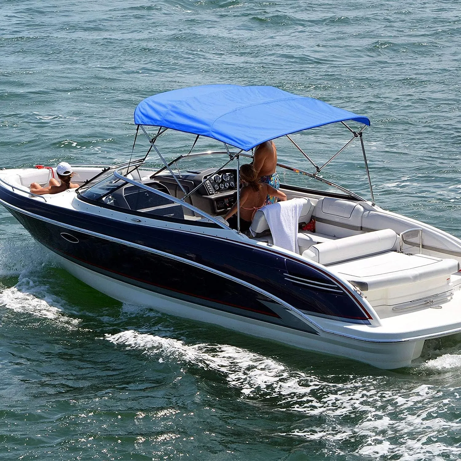 Bimini Top Replacement Canvas Cover，4 Bow Bimini Top Replacement Cover for Boat with Storage Boot,600D Anti-UV Waterproof Bimini Top Canopy Without Frame (Blue, 4 Bow 8'L x 54" H x 67"-72" W)