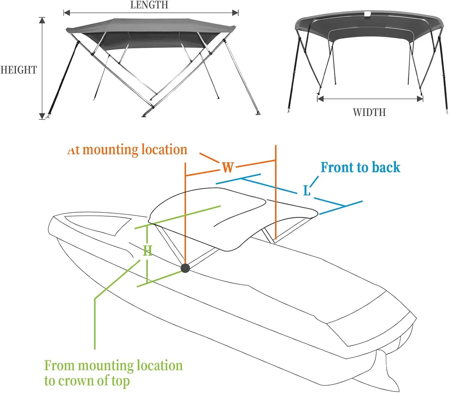 Bimini Tops for Boats-3 4 Bow Boat Canopy - Marine Grade Canvas & PU-Coated Fabric,with 2 Removable Side Curtains, Rear 2 Support Bars & 2 Tie-Down Straps,Hardware Included(4bow 8'Lx54 Hx73-78" W)
