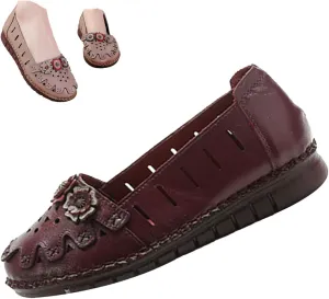 BlackeEight Women's Leather Loafers Flats Sandals,Summer Comfort Closed Toe Vintage Flowers Slip-on Ox Softsole Dress Casual Shoes