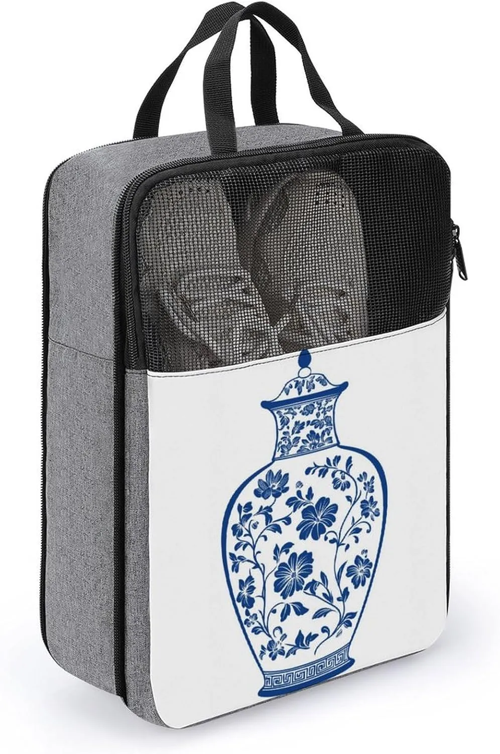 Blue Chinoiserie Florals Earthen Clay Vase Shoe Bag for Travel Daily Use Anti-dust Storage Carrier Golf Shoe Pouch