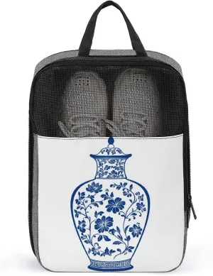 Blue Chinoiserie Florals Earthen Clay Vase Shoe Bag for Travel Daily Use Anti-dust Storage Carrier Golf Shoe Pouch