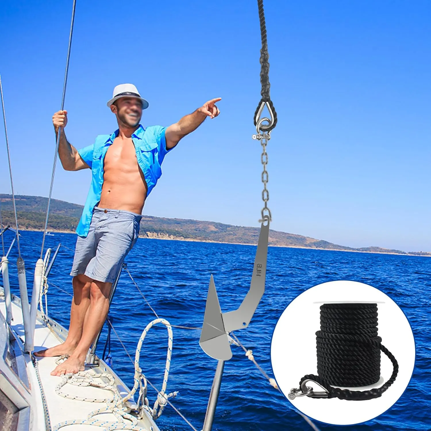 Boat Anchor Rope 100 ft x 1/2 inch Black, 3 Strand Anchor Line Anchor Rope with Stainless Steel Thimble & Shackle Ideal for Towing,Docking,Boats,Mooring,Anchoring,for Boats Up to 35'