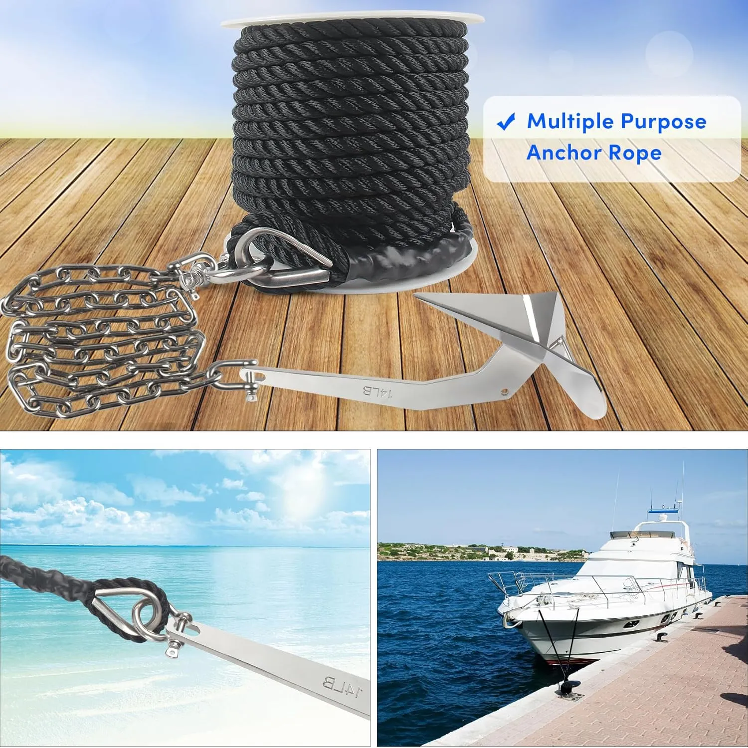 Boat Anchor Rope 100 ft x 1/2 inch Black, 3 Strand Anchor Line Anchor Rope with Stainless Steel Thimble & Shackle Ideal for Towing,Docking,Boats,Mooring,Anchoring,for Boats Up to 35'