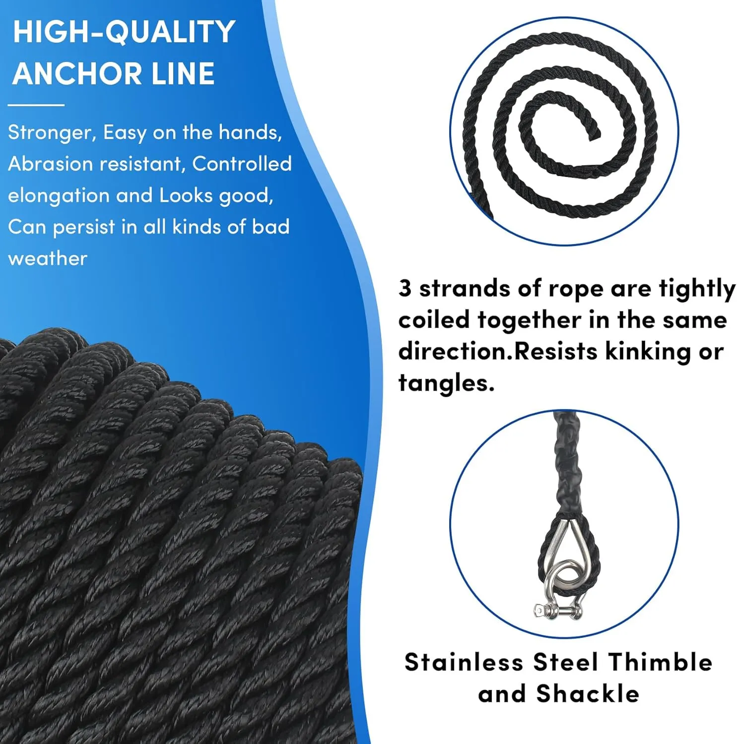 Boat Anchor Rope 100 ft x 1/2 inch Black, 3 Strand Anchor Line Anchor Rope with Stainless Steel Thimble & Shackle Ideal for Towing,Docking,Boats,Mooring,Anchoring,for Boats Up to 35'