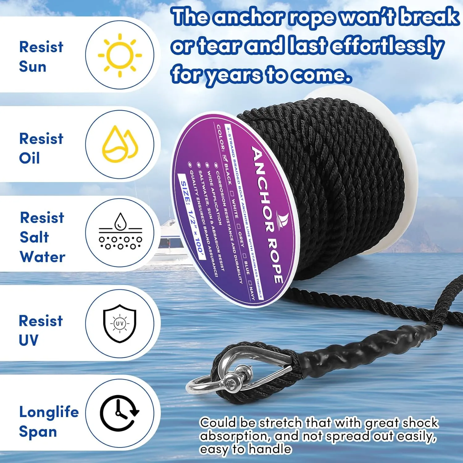 Boat Anchor Rope 100 ft x 1/2 inch Black, 3 Strand Anchor Line Anchor Rope with Stainless Steel Thimble & Shackle Ideal for Towing,Docking,Boats,Mooring,Anchoring,for Boats Up to 35'