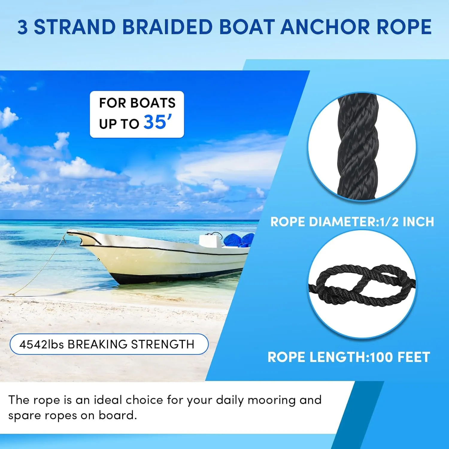 Boat Anchor Rope 100 ft x 1/2 inch Black, 3 Strand Anchor Line Anchor Rope with Stainless Steel Thimble & Shackle Ideal for Towing,Docking,Boats,Mooring,Anchoring,for Boats Up to 35'