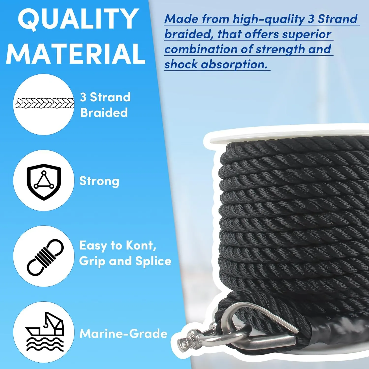 Boat Anchor Rope 100 ft x 1/2 inch Black, 3 Strand Anchor Line Anchor Rope with Stainless Steel Thimble & Shackle Ideal for Towing,Docking,Boats,Mooring,Anchoring,for Boats Up to 35'