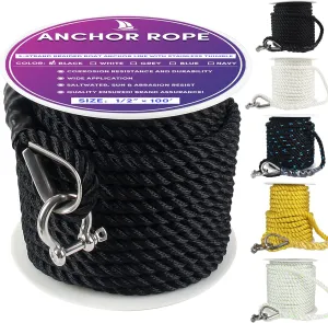 Boat Anchor Rope 100 ft x 1/2 inch Black, 3 Strand Anchor Line Anchor Rope with Stainless Steel Thimble & Shackle Ideal for Towing,Docking,Boats,Mooring,Anchoring,for Boats Up to 35'