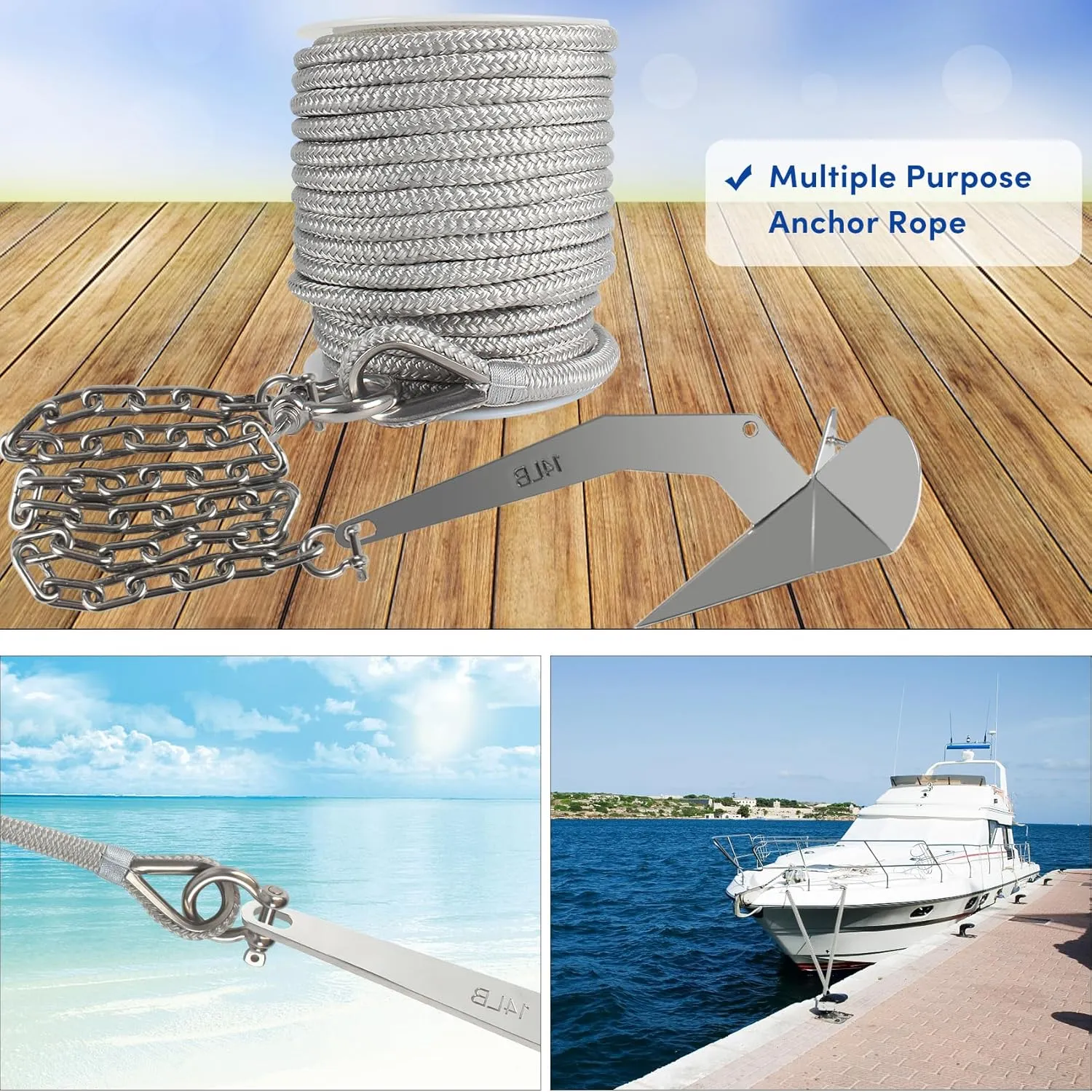 Boat Anchor Rope 100 ft x 1/2 inch Grey, Double Braided Anchor Line with Stainless Steel Thimble & Shackle, Marine Rope Ideal for Towing,Mooring,Decks,Anchoring,for Boats Up to 35'
