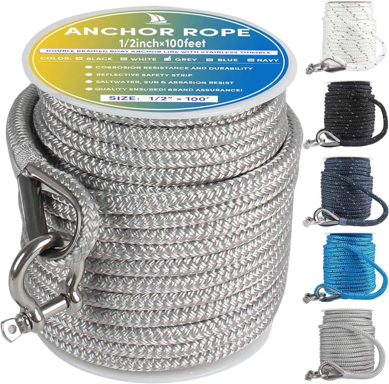 Boat Anchor Rope 100 ft x 1/2 inch Grey, Double Braided Anchor Line with Stainless Steel Thimble & Shackle, Marine Rope Ideal for Towing,Mooring,Decks,Anchoring,for Boats Up to 35'