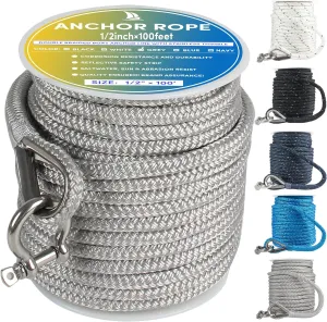 Boat Anchor Rope 100 ft x 1/2 inch Grey, Double Braided Anchor Line with Stainless Steel Thimble & Shackle, Marine Rope Ideal for Towing,Mooring,Decks,Anchoring,for Boats Up to 35'