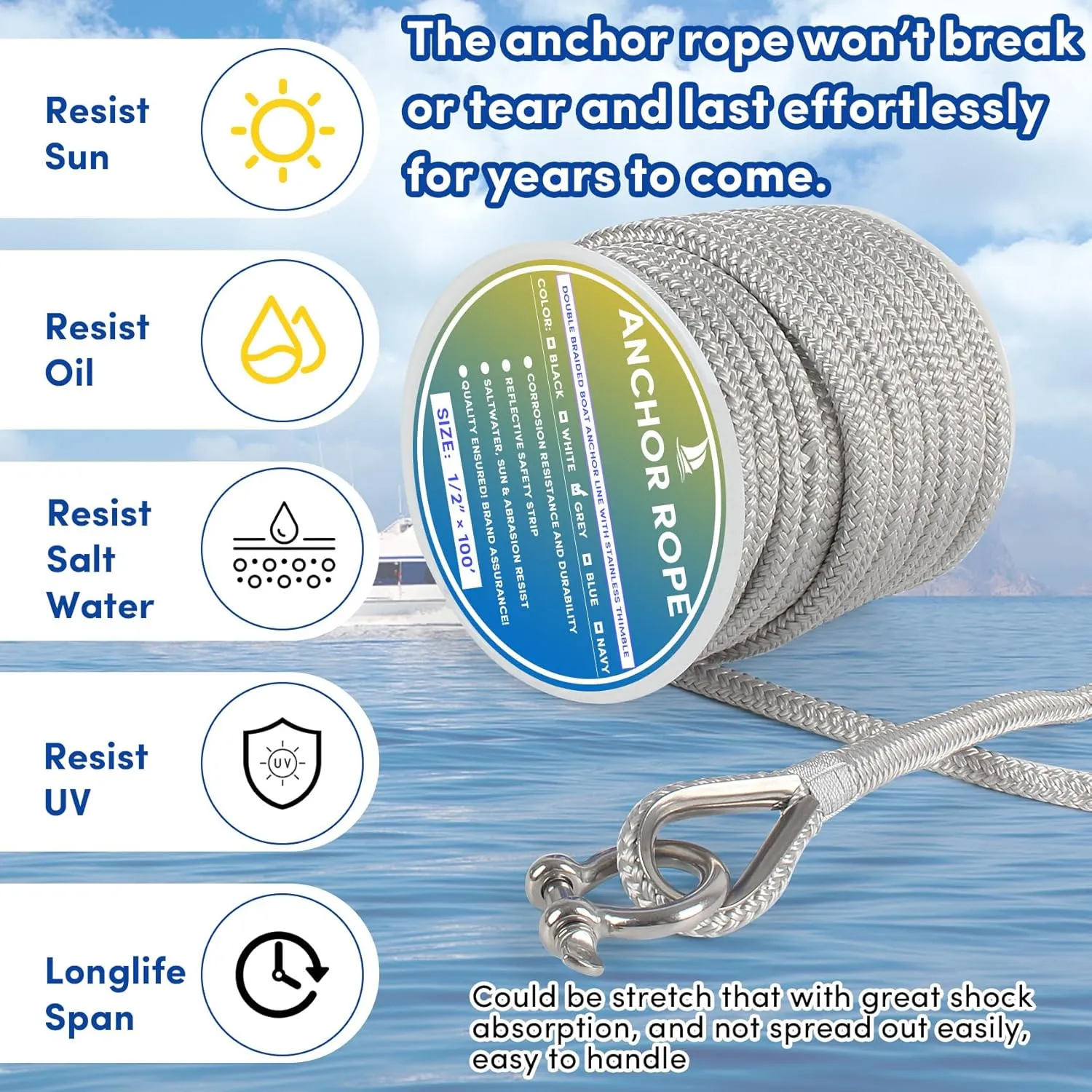 Boat Anchor Rope 100 ft x 1/2 inch Grey, Double Braided Anchor Line with Stainless Steel Thimble & Shackle, Marine Rope Ideal for Towing,Mooring,Decks,Anchoring,for Boats Up to 35'