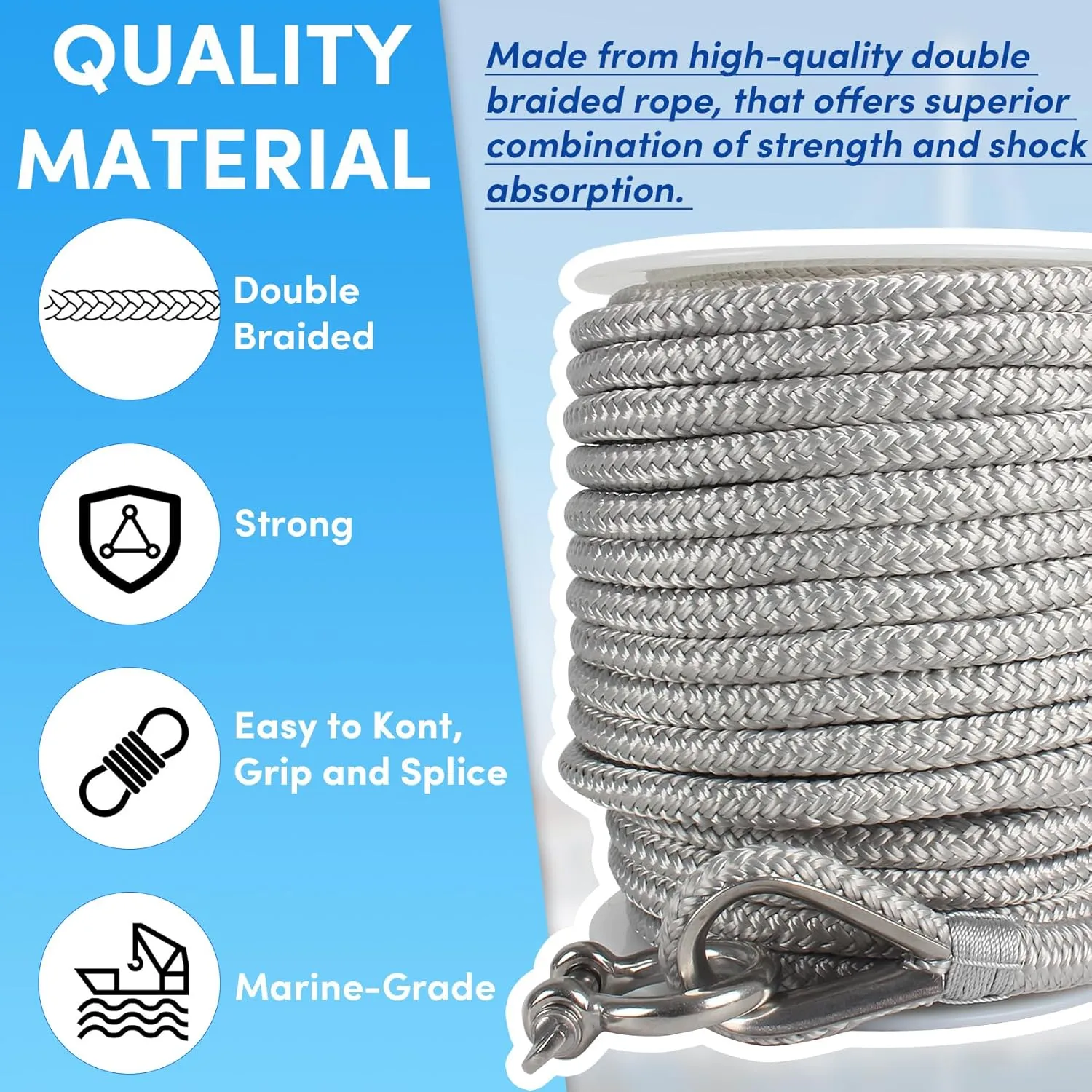 Boat Anchor Rope 100 ft x 1/2 inch Grey, Double Braided Anchor Line with Stainless Steel Thimble & Shackle, Marine Rope Ideal for Towing,Mooring,Decks,Anchoring,for Boats Up to 35'