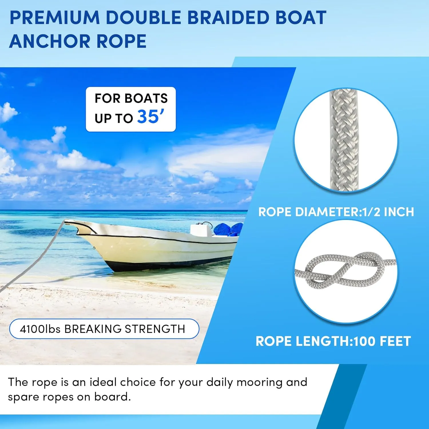 Boat Anchor Rope 100 ft x 1/2 inch Grey, Double Braided Anchor Line with Stainless Steel Thimble & Shackle, Marine Rope Ideal for Towing,Mooring,Decks,Anchoring,for Boats Up to 35'