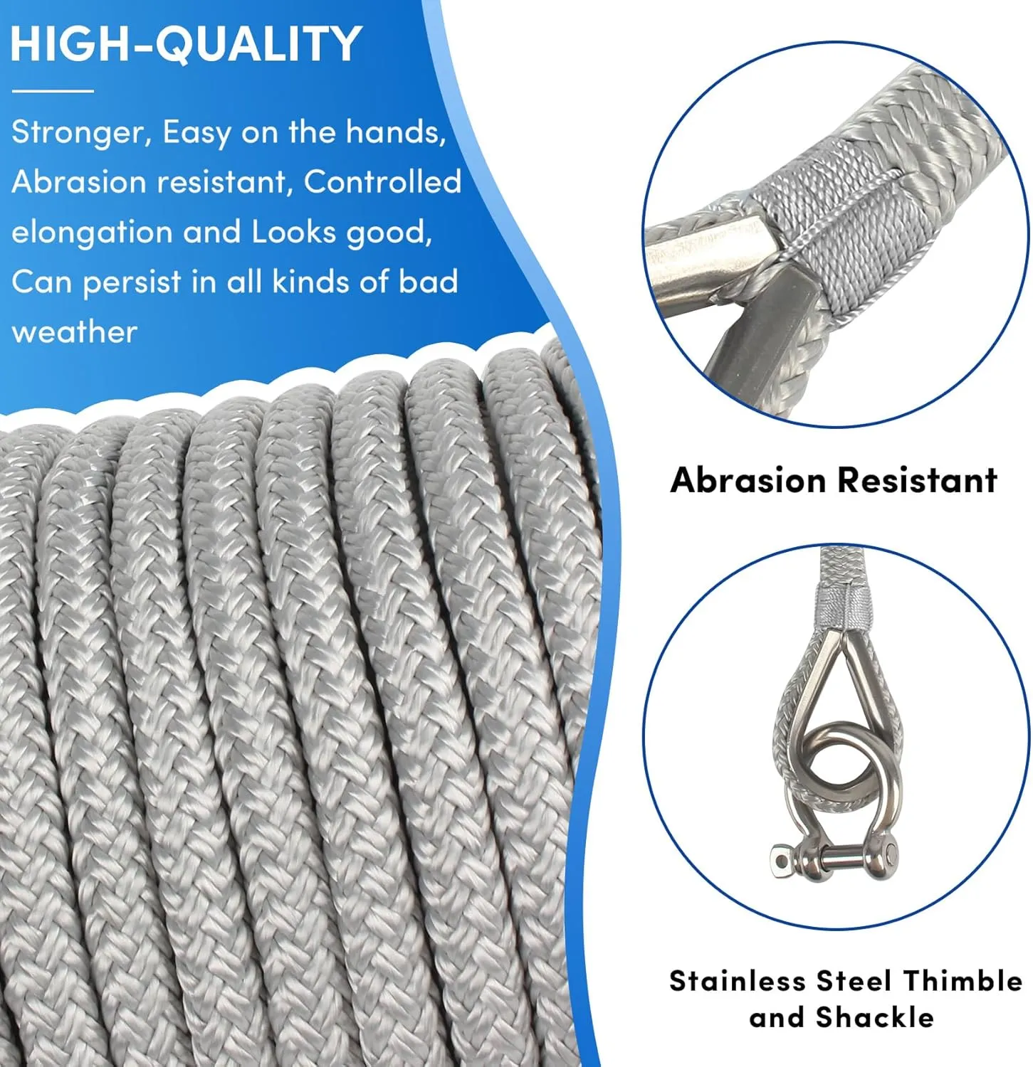 Boat Anchor Rope 100 ft x 1/2 inch Grey, Double Braided Anchor Line with Stainless Steel Thimble & Shackle, Marine Rope Ideal for Towing,Mooring,Decks,Anchoring,for Boats Up to 35'