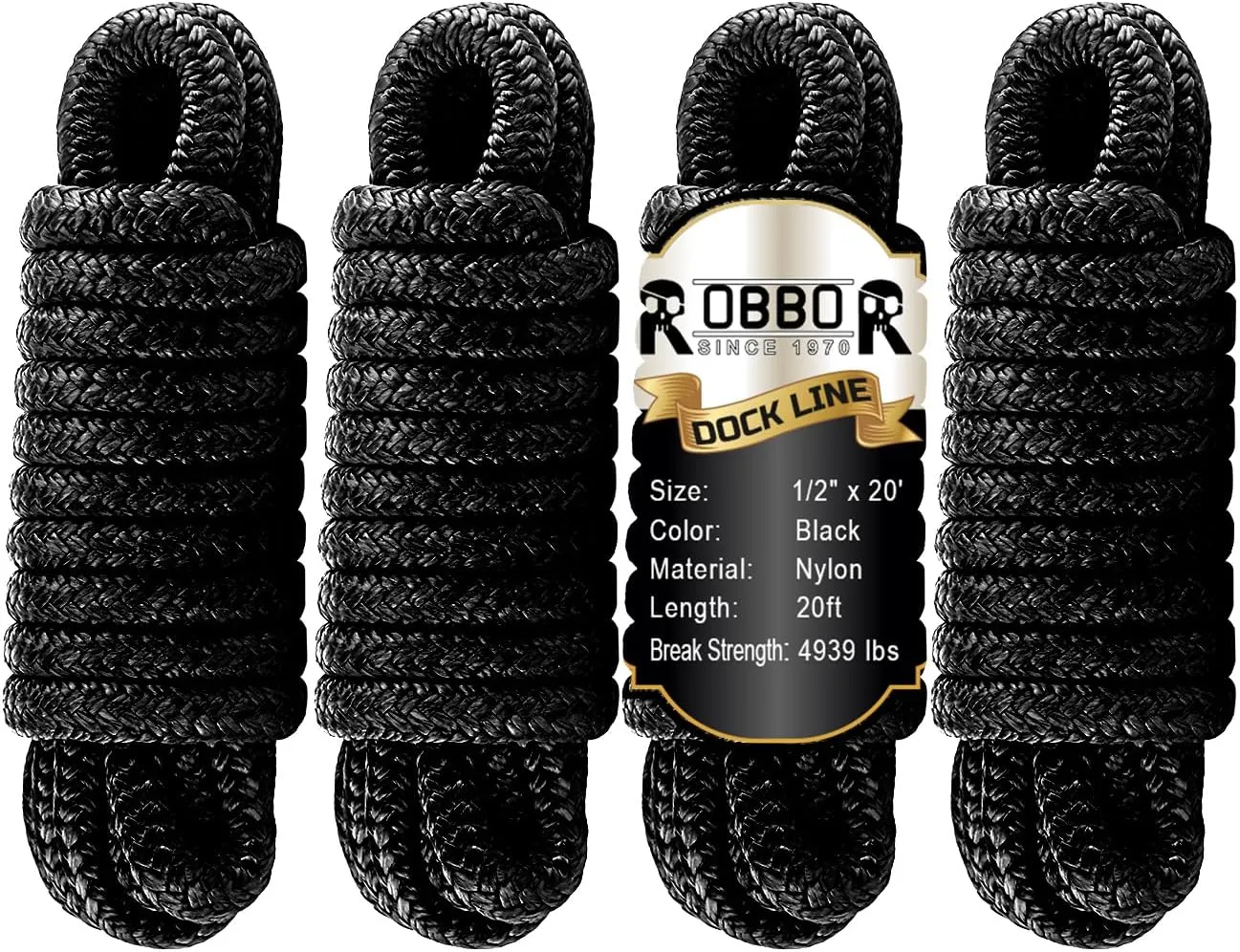 Boat Dock Lines 1/2" X 20' Double Braided Nylon Boat Ropes with 12" Pre-Spliced Loop Marine Rope Durable Marine-Grade Dock Lines Used for Boat Marine Docking Mooring Lines Ropes