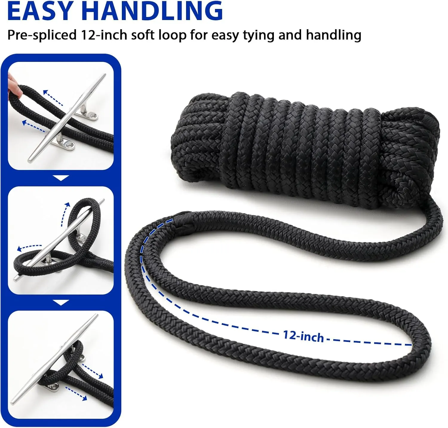 Boat Dock Lines Marine Rope - 1/2" x 20ft with Pre-Spliced 12" Loop Double Braided Nylon Ropes Bumper Tie Mooring Line for Boats Docking Pontoon Boating Accessories - 2 Pack