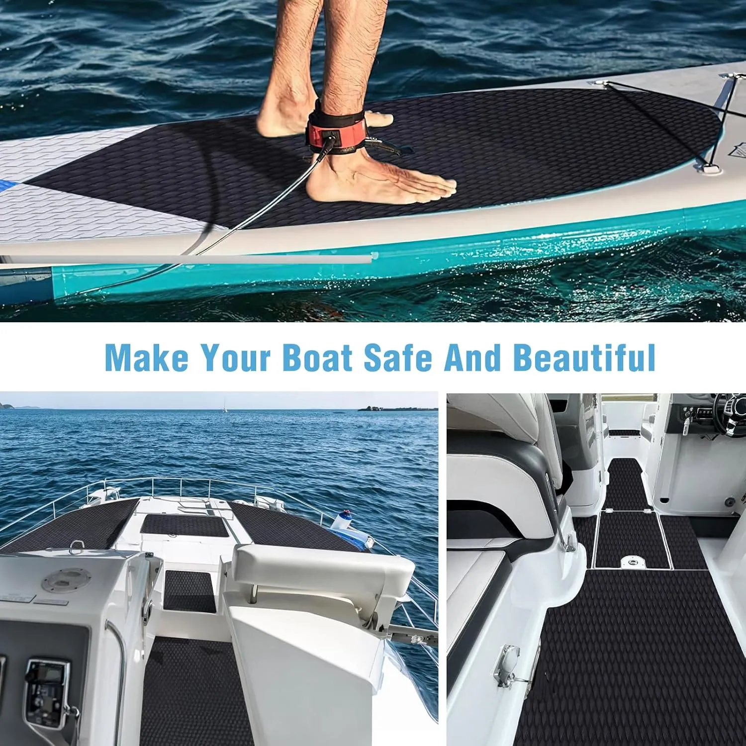 Boat Flooring，EVA Foam Boat Decking 94.5''，Non-Slip and Self-Adhesive Flooring Sea Deck ，Marine Carpet Mat，for Yacht Motorboat Swimming (Black, 94.5''x23.6'')