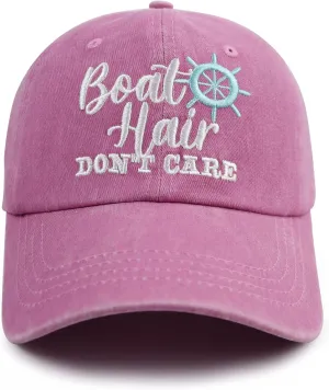 Boat Hair Don't Care Hats for Men Women, Adjustable Embroidered Cotton Washed Distressed Denim Fishing Baseball Cap