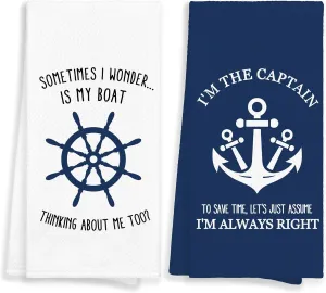 Boat Lake Captain Kitchen Towels Set of 2, I Wonder If My Boat Thinks About Me Too Cool Hand Towels Gifts for Bathroom Boat Owners, Funny Decorative Tea Dish Towels for Kitchen Decor 16x24in
