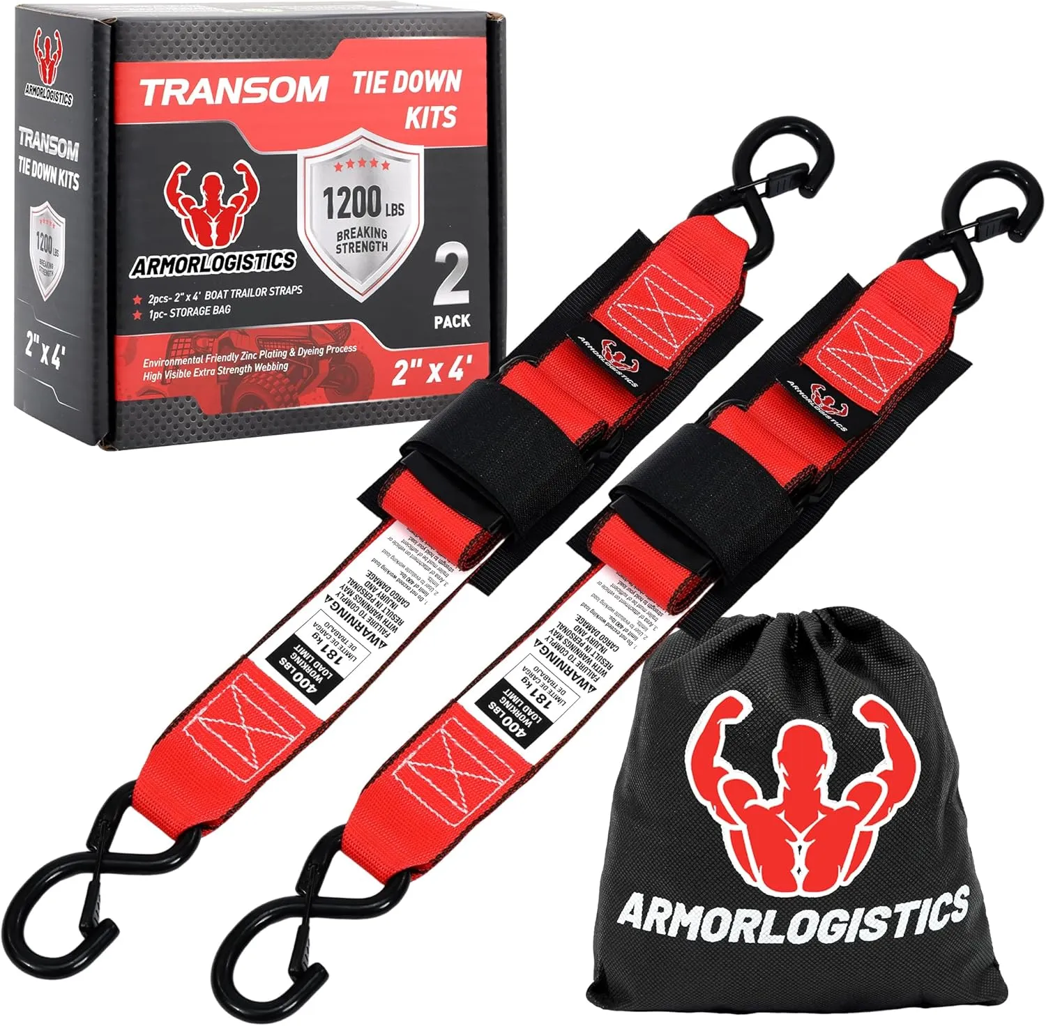 Boat Tie Down Straps to Trailer, 2" x 48" Adjustable Boat Straps for Trailer, 2-Pack Boat Transom Strap for Boat, Jet Ski, 1,200 Lbs Break Strength, Red