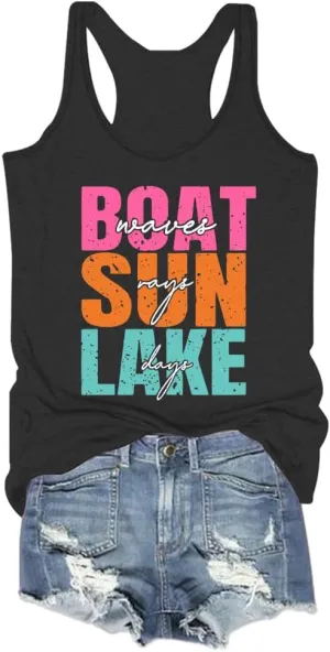 Boat Waves Sun Rays Lake Days Tank Beach Tshirts Women Summer Lake Life Shirts, X-Large