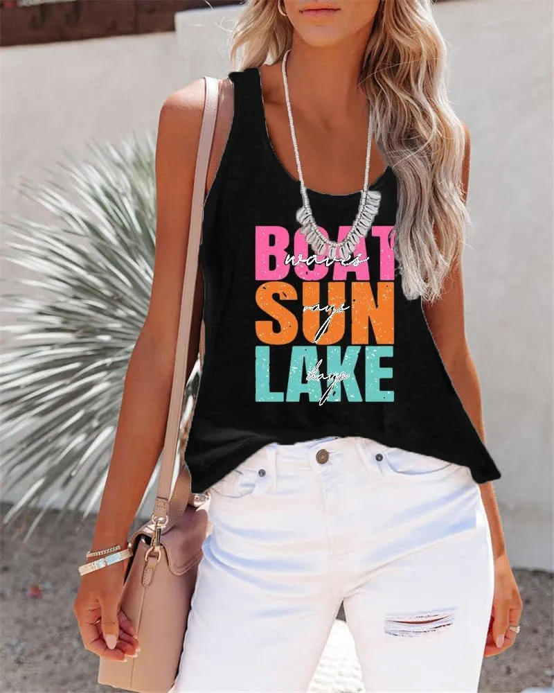 Boat Waves Sun Rays Lake Days Tank Beach Tshirts Women Summer Lake Life Shirts, X-Large
