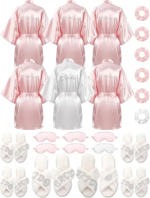 Bonuci 24 Pcs Bride Bridesmaid Robe Slipper Sets for Wedding Bridal Party Women with Robes Slippers Eye Mask Hair Scrunchies