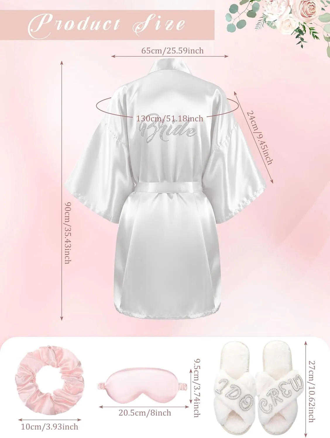 Bonuci 24 Pcs Bride Bridesmaid Robe Slipper Sets for Wedding Bridal Party Women with Robes Slippers Eye Mask Hair Scrunchies