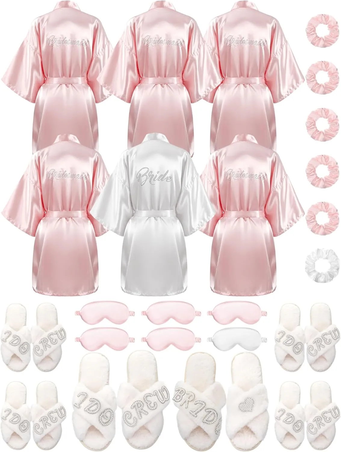 Bonuci 24 Pcs Bride Bridesmaid Robe Slipper Sets for Wedding Bridal Party Women with Robes Slippers Eye Mask Hair Scrunchies