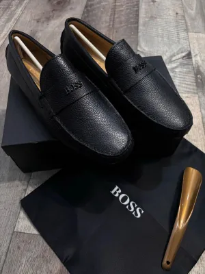 BOSS || Men's Noel Nappa-Leather Driving Moccasins With Metal Logo - BLACK