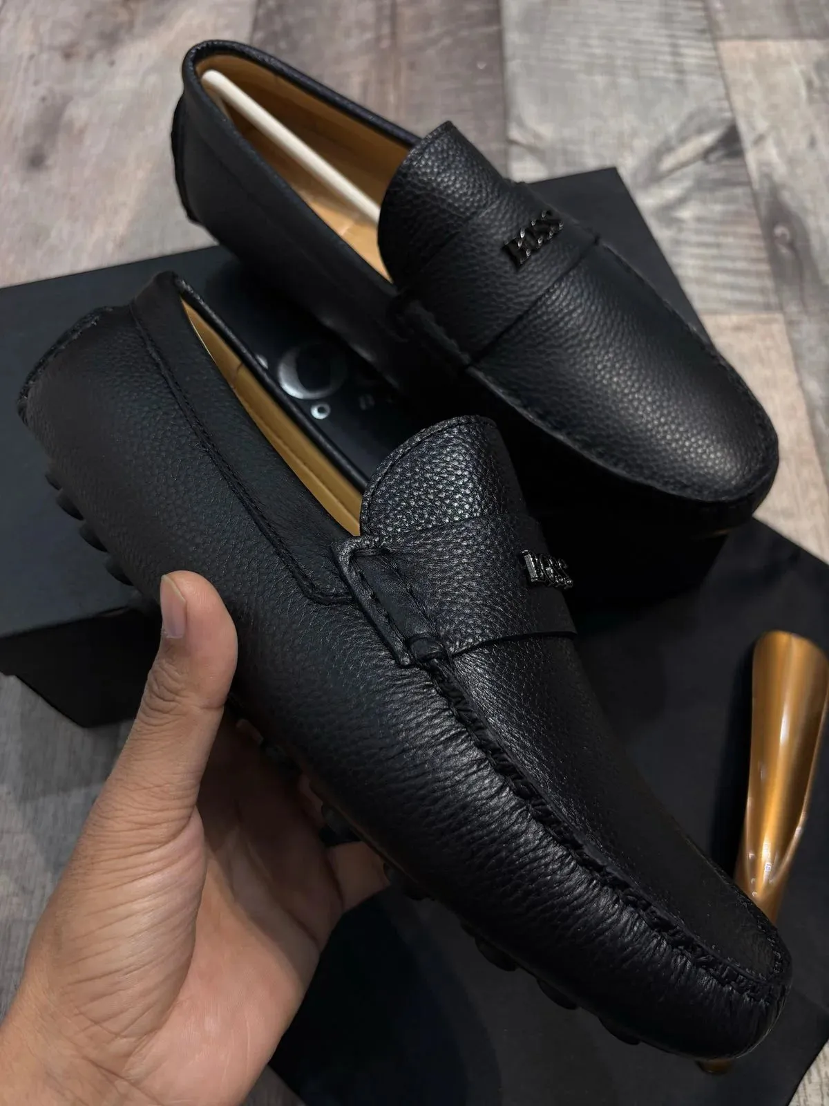 BOSS || Men's Noel Nappa-Leather Driving Moccasins With Metal Logo - BLACK