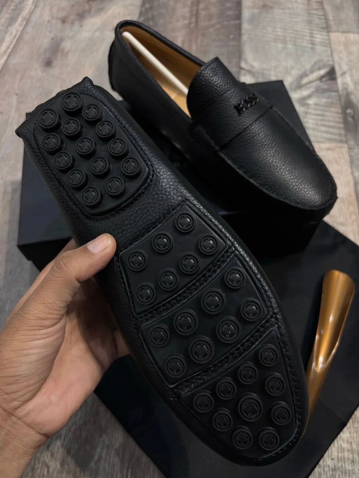 BOSS || Men's Noel Nappa-Leather Driving Moccasins With Metal Logo - BLACK