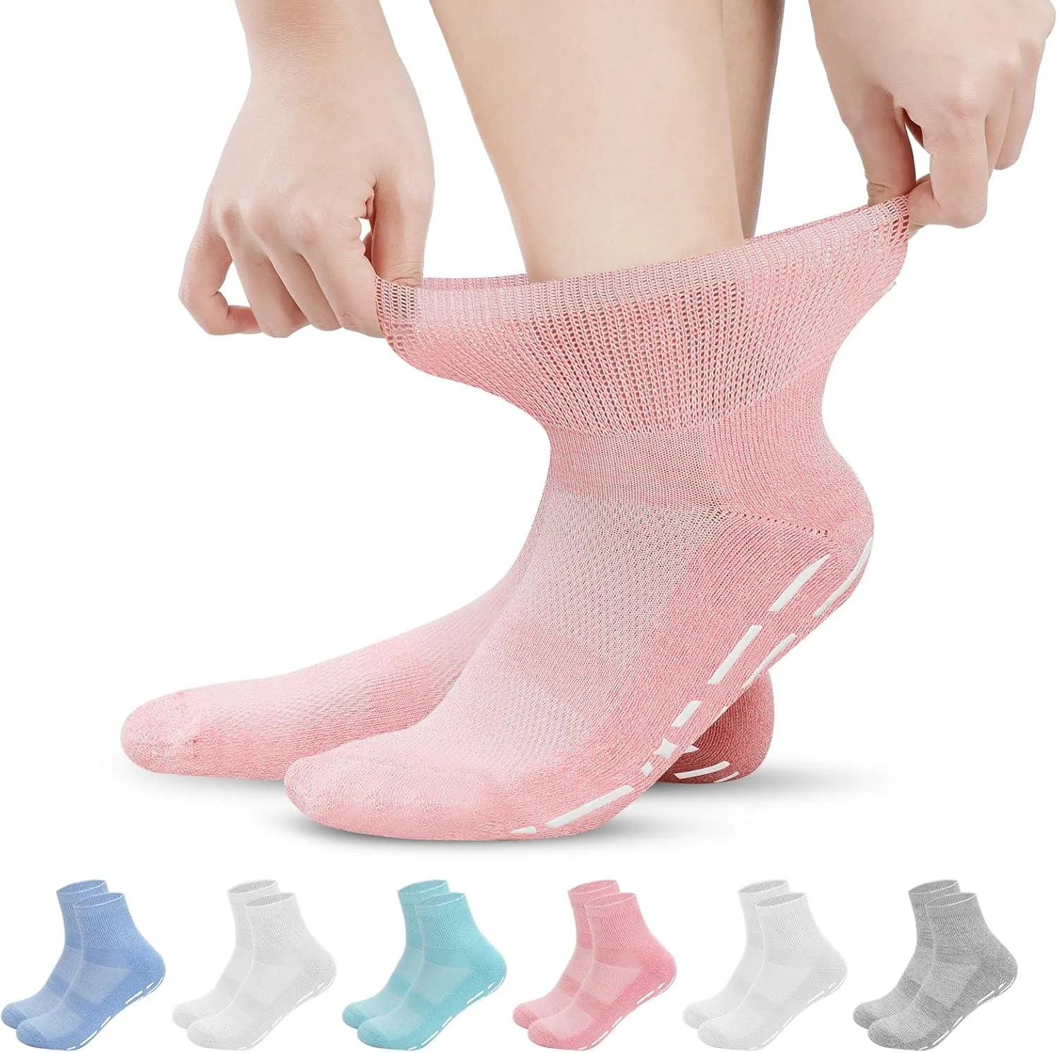 Bulinlulu Bamboo Viscose Diabetic Socks with Grippers for Men Women -6 Pairs Non Binding Ankle Slipper Socks Size 6-9 9-12