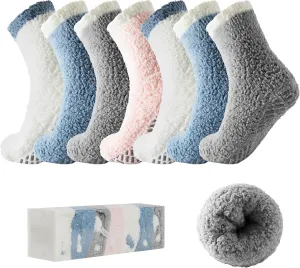 Bulinlulu Fuzzy Socks with Grips Plush Sleep Cozy Winter Soft Hospital Fluffy Socks Gifts for Womens Mens Gifts