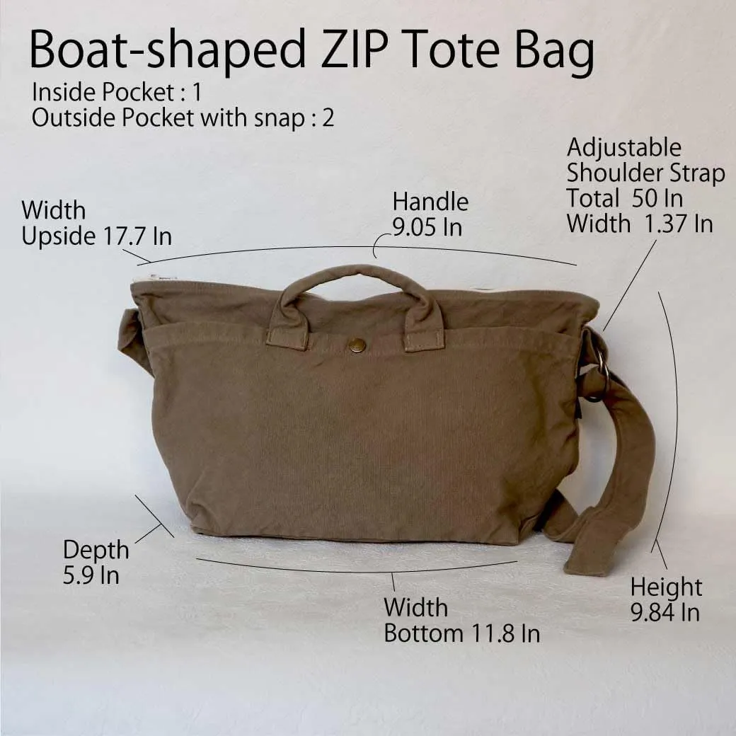 Canvas Boat-shaped Tote Bag Zipper Cotton100% japan Washable Adjustable Lightweight Soft ZIP Bag (VC-39)