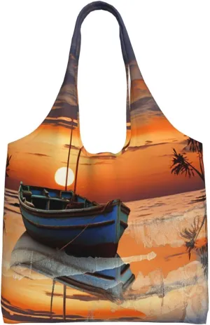 Canvas Tote Bag for Women Purse Boat on the beach at sunset Handbags Totes Crossbody Shoulder Shopping Bag