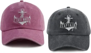 Captain and First Mate Hats for Men Women, Set of 2 Matching Boating Baseball Caps