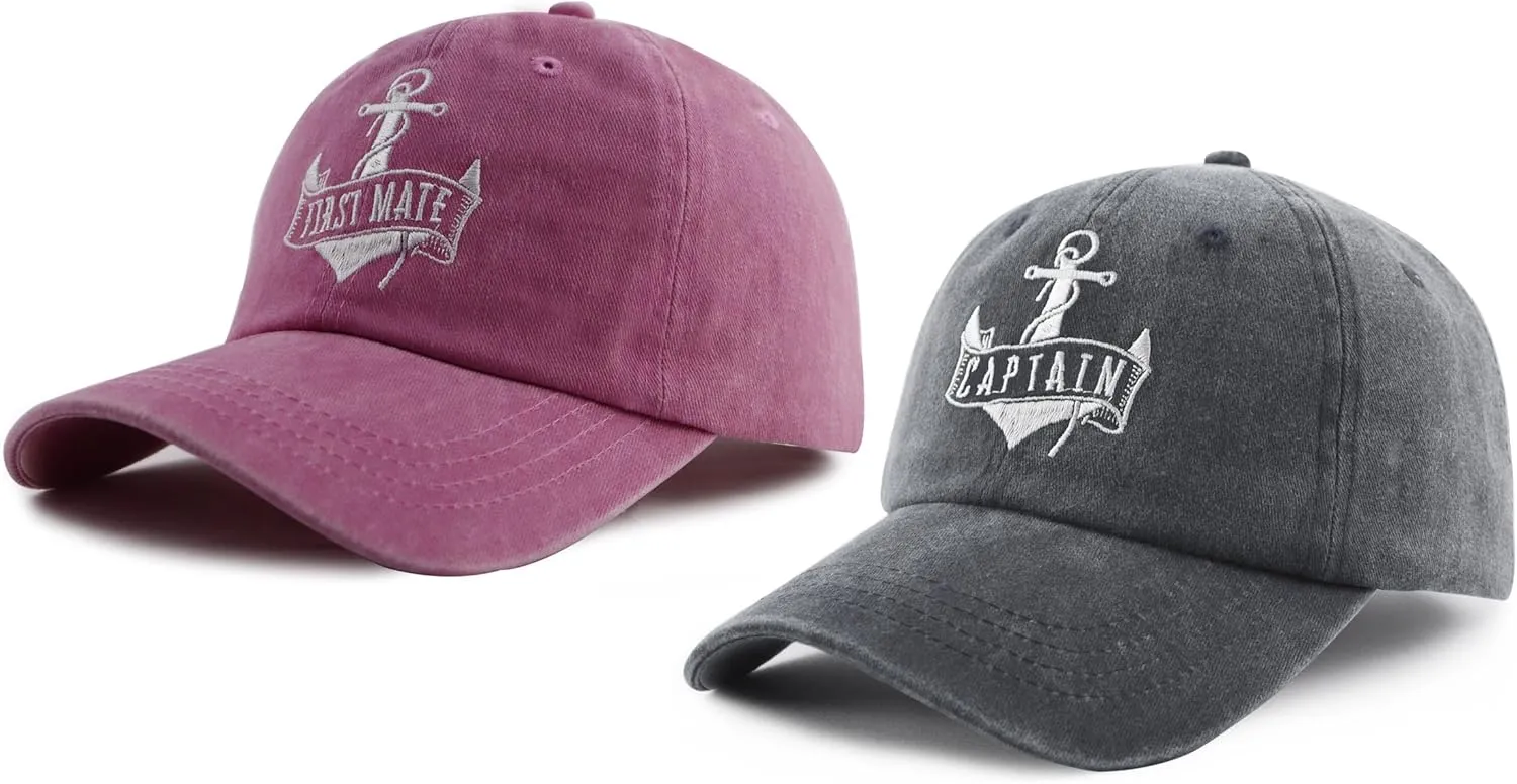 Captain and First Mate Hats for Men Women, Set of 2 Matching Boating Baseball Caps