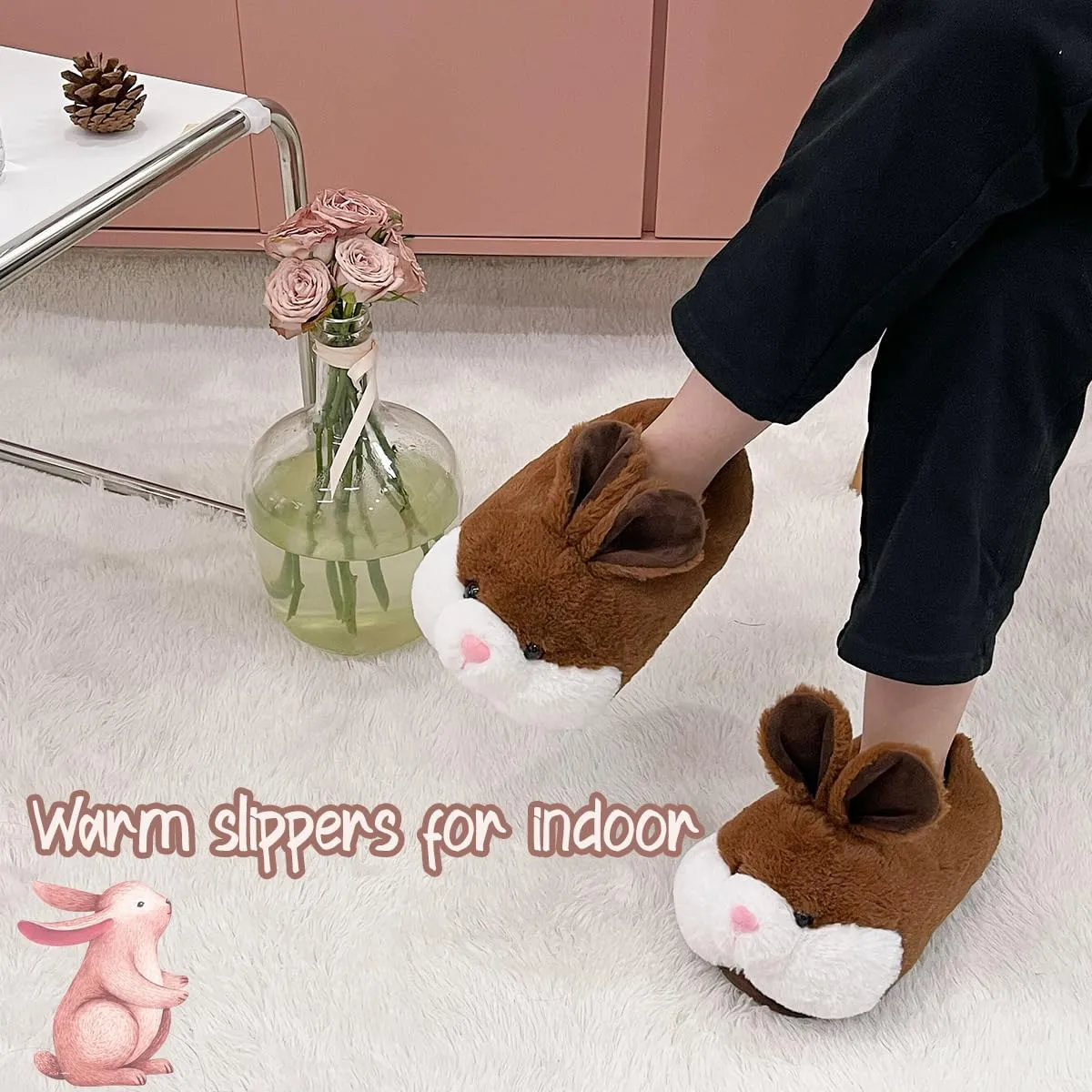 Caramella Bubble Classic Bunny Slippers for Women Funny Animal Novelty Slippers for Adults Cute Plush Rabbit Bedroom Slippers