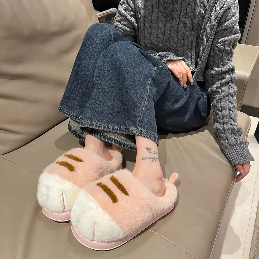 Cat Paw Slippers for Women, Cute Funny 3D Cat Paw Cartoon Slipper Warm Fluffy Furry Winter House Shoes