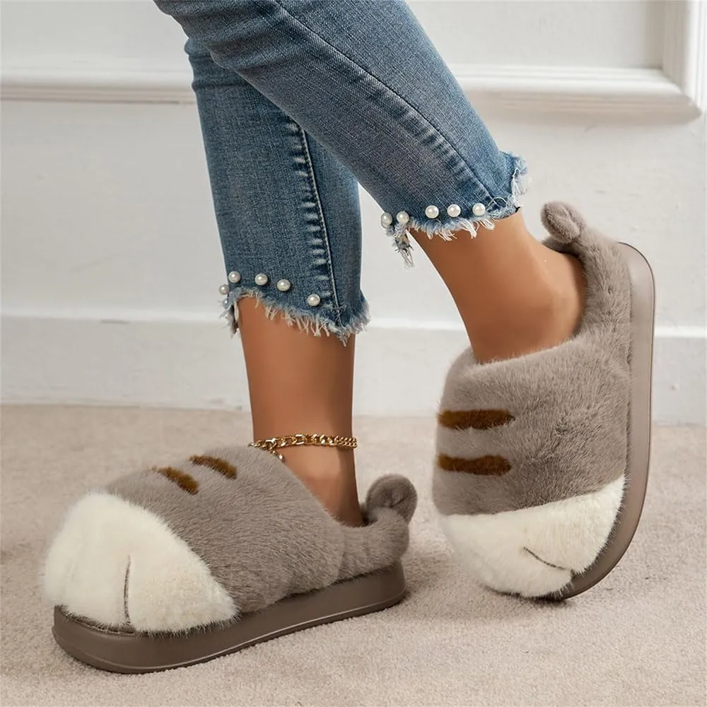 Cat Paw Slippers for Women, Cute Funny 3D Cat Paw Cartoon Slipper Warm Fluffy Furry Winter House Shoes