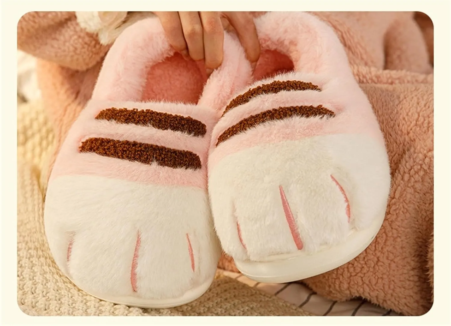 Cat Paw Slippers - Unisex Adults & Kids - Beige - Slip-On - Plush & Memory Sponge Interior - Anti-Slip EVA Sole - Washable - Home Slippers